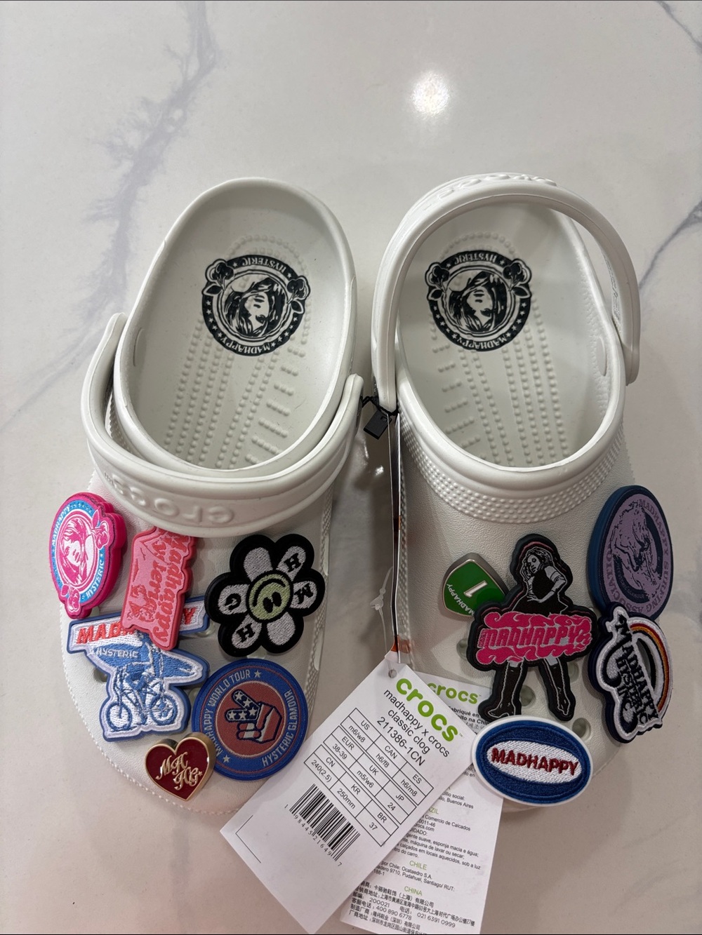 CROCS White Clogs with Colorful Patch Charms